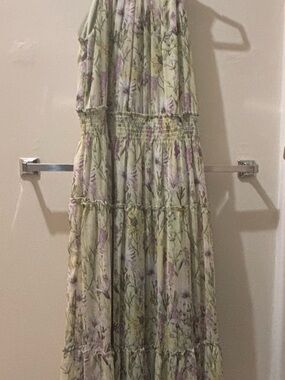 Floral Tiered Halter Maxi Dress in cream with sage Green and purple flower print